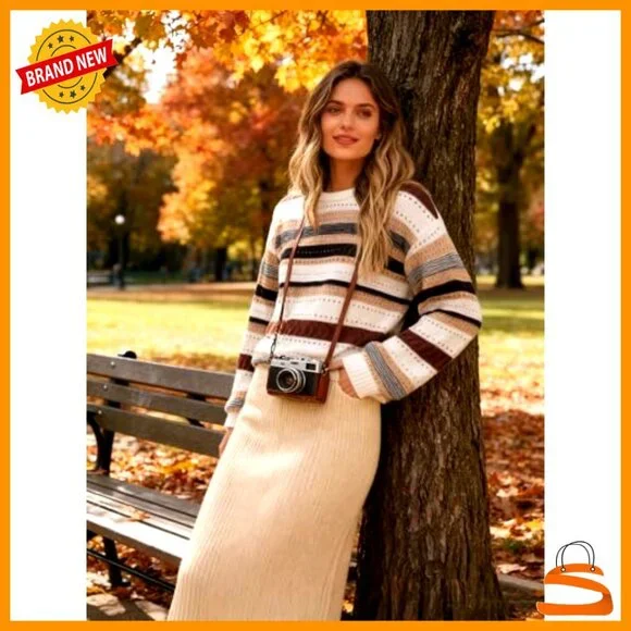 Cozy Lantern Sleeve Pullover Sweater, Fair Isle Knit, Loose Fit, Fall Winter - Picture 3 of 7